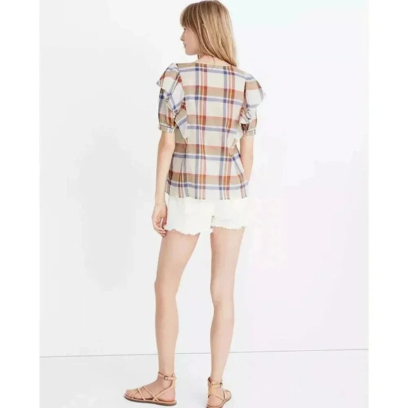 Madewell V-Neck Shoulder-Ruffle Top XL Plaid Cotton Lightweight Summer - Picture 3 of 12
